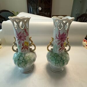 Artistic Floral Ceramic Vases with Gold Handles